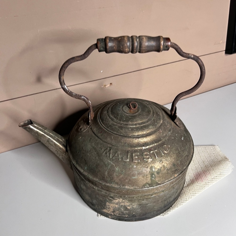Antique Majestic Copper Tea Kettle Wood Handle Patented‎ May 17 1898 Primitive